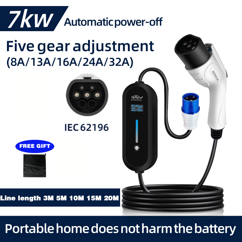 Portable Ev Charger 32A Type 2 Cee Plug - Romada 7kw 32a ev carregador portátil